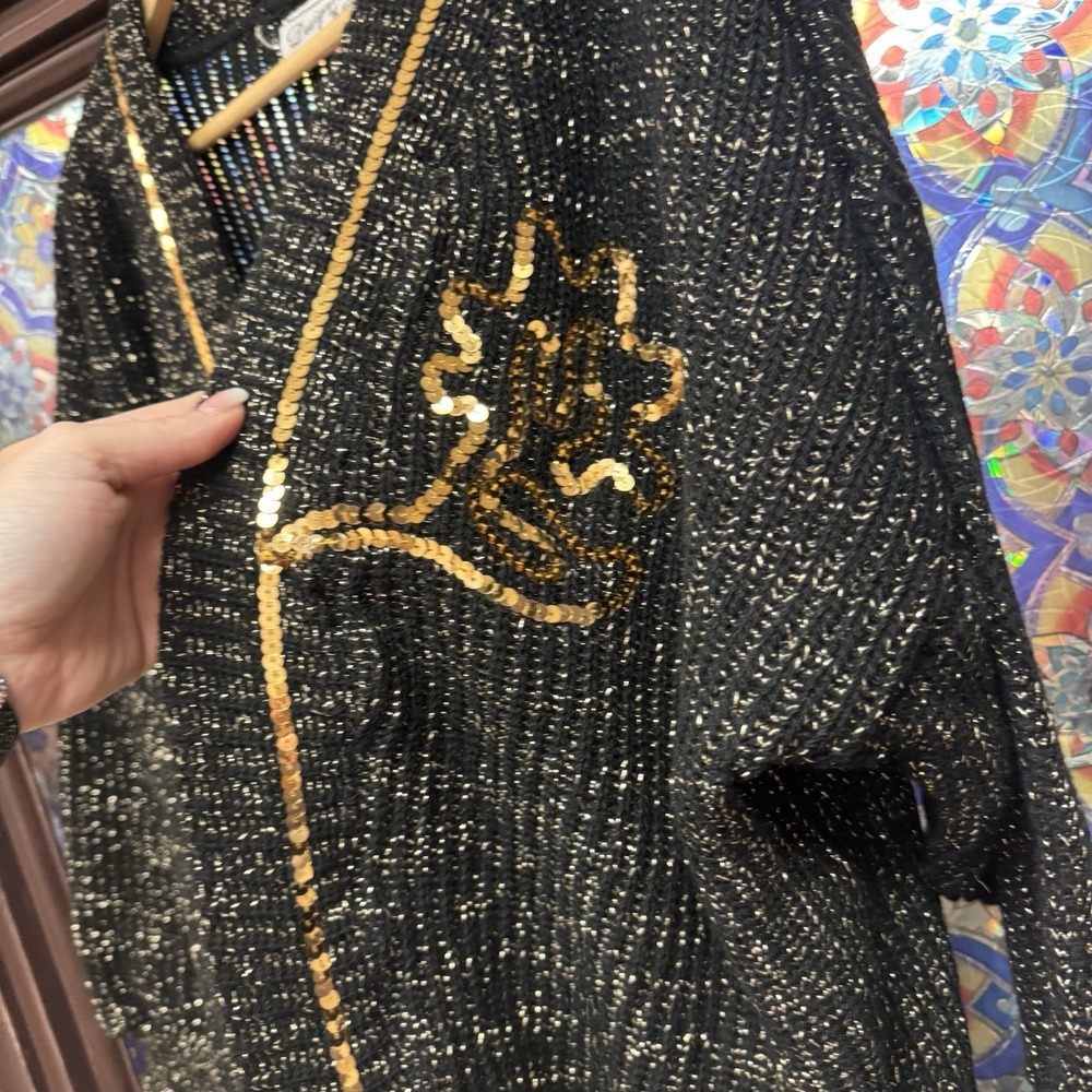 Designer‎ Knit USA Sweater Womens Medium Cardigan Black Open Front Sequin Knit - Picture 2 of 6